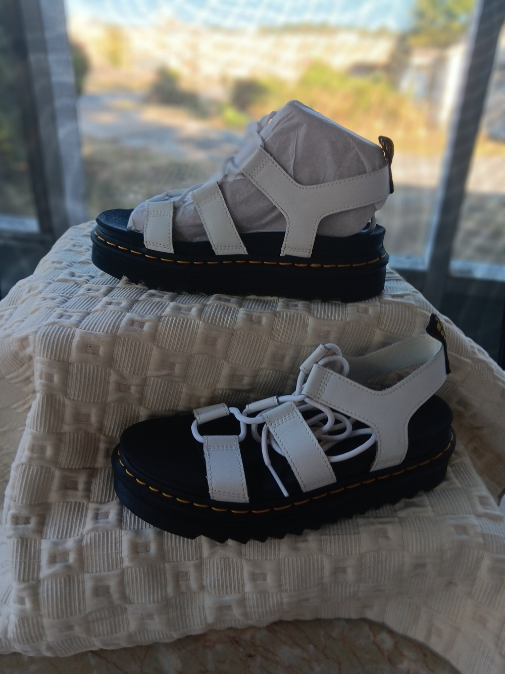 Dr. Martens White Leather Platform Strappy Sandals with Black Sole